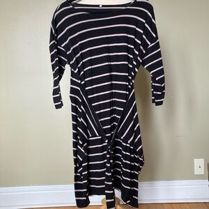 Muji Black Dress with Cream Stripes and Front Tie